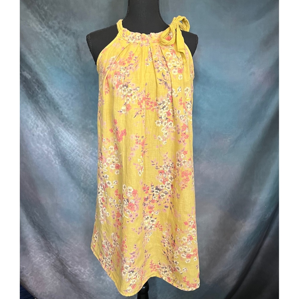 Bellambra Yellow Floral Linen Cotton Halter Neck Tie Dress Made in‎ Italy Size S